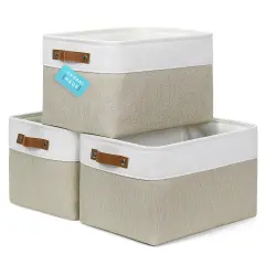 Large Fabric Storage Baskets for Shelves 3 Pack, 15x11in Closet Storage Bins for Shelves, Cloth Baskets for Organizing, Linen Closet Organizers, Fabric Basket, Beige/White