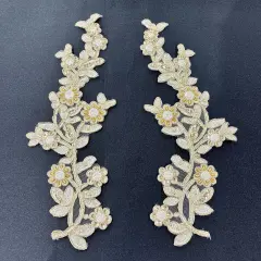 1 Pair Beaded & Corded Floral Lace Applique Embroidered on 100% Polyester Mesh 10" x 3" Each Side Gold