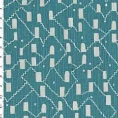 White/Deep Teal Blue Stairs Printed Canvas Decor Fabric By the Yard