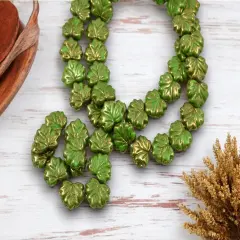*20* 10x13mm Gold Lustered Olive Green Maple Leaf Beads