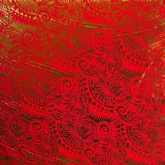 1 Yard Palm Leaves Traditional Tattoo Foil Fabric, 36" x 60" Foil Printed Polyester Red & Gold