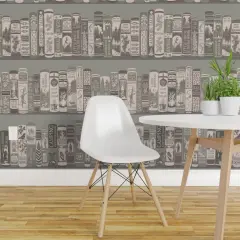 Peel & Stick Wallpaper 2FT Wide Rustic Monochrome Books Woods Reading Gray Green Classic Literature Custom Removable Wallpaper by Spoonflower