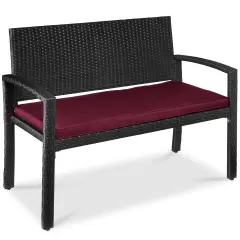 Best Choice Products 2-Person Outdoor Wicker Bench Garden Patio Porch Furniture w/ 700lb Capacity, Cushion Burgundy/Black