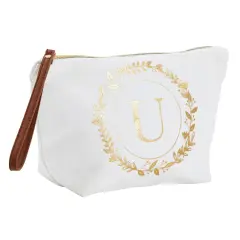 Gold Initial U Personalized Makeup Bag for Women, Monogrammed Canvas Cosmetic Pouch (White, 10 x 3 x 6 In)