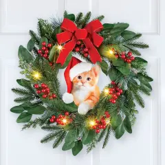 Collections Etc LED Lighted Santa Cat Hanging Christmas Wreath