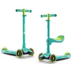 LaScoota 2-in-1 Kids Kick Scooter, Adjustable Height Handlebars and Removable Seat, 3 LED Lighted Wheels and Anti-Slip Deck, for Boys & Girls Aged 3-14 and up to 100 Lbs. Green