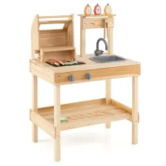 Natural Wood Barbecue Grill Playset with Play Food and Open Storage Shelves