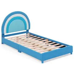 Velvet Kids Twin Bed with Adjustable Headboard Sturdy Wooden Frame and Soft Upholstery Blue