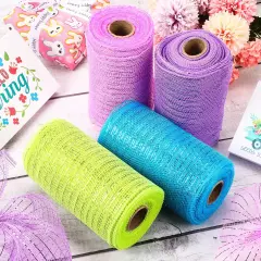 4 Rolls Mesh Ribbons 30 Feet Each Roll Metallic Foil Mesh Ribbon for Home Door Wreath Decoration DIY Crafts Making Supplies(Pink, Grass Green, Sky Blue, Purple,6 Inches)