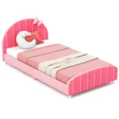 Wood Upholstered Kids Twin Bed Platform with Slat Support Pink