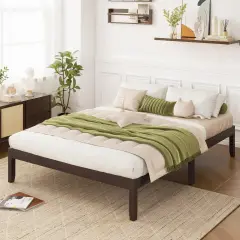 Queen Size Platform Bed Frame with Slats Support and Rubber Wood Legs Espresso