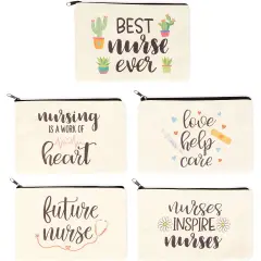 5-Pack Canvas Makeup Bags for Nurse Appreciation Gifts, Cosmetic Pouches (9" x 6") White