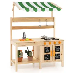 Natural Fir Wood Mud Kitchen with Canopy, Sink, and 4 Stoves &ndash; Outdoor Play Kitchen