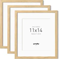 11x14 Oak Wood Picture Frame with Mat for 8x10 Set of 3, Natural Solid Wood 11x14 Frame with Tempered Glass for Wall Gallery & Home (3 Pack, Oak)