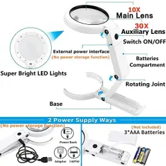 30X 10X Magnifying Glass with Light and Stand, Foldable Handheld Magnifying Glass & 2 Level Dimmable for Close Work, Macular Degeneration, Seniors Reading, Powered by Battery or USB
