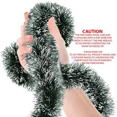 Christmas Tree Pine Green Frost Tip Tinsel Garland Snowy Metallic Streamers Green White Tinsel Garland Celebrate a Holiday Party Ceiling Hanging Decors Indoor and Outdoor Disco Party Supplies