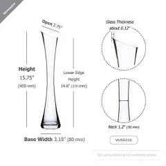 Bud Vase, Width 3", Height 15.75", Clear Tall Slant Cut Opening Gathering Concaved Glass Floral Container Centerpiece for Wedding Party Event Home Office Decor, 1 Piece