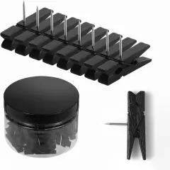 50-Pack Black Push Pins with Spring-Loaded Wooden Clips, Damage-Free Cork Board Tacks for Artwork, Photos & Notes (No-Mark Design)