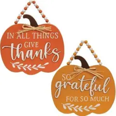 Wood Beaded Pumpkin Signs with Jute Hangers and Gratitude Text 2 Asstd.