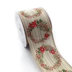 Designer&rsquo;s Shop WR 63-5215 2.5" x 10 Yards Christmas Wreath Wired Edge Ribbon &ndash; Gold Glitter Pinecones, Red Poinsettias & Holiday Garland