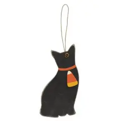 Hand-Painted Black Cat Wooden Ornament with Candy Corn Cutout and Hanging Wire for Seasonal Decor