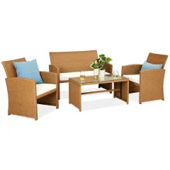 Best Choice Products 4-Piece Outdoor Wicker Patio Conversation Furniture Set w/ Table, Cushions Natural/Ivory