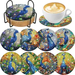 Peacock Diamond Art Coasters Kit: 8pcs Diamond Painting Coasters with Holder & Cork Pads, DIY Craft Set for Adults & Beginners, Wooden Coaster, Gifts for Home Decor