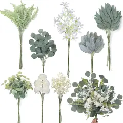 Artificial Greenery Stems Box Set(Pack of 65pcs) with 8 Kinds of Faux Plants and Fake Flowers
