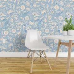 Pre-Pasted Wallpaper 2FT Wide Baby Blue Beach Nautical Crab Sea Life Lobster Creature Seashell Crustacean Custom Pre-pasted Wallpaper by Spoonflower 17009246