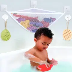 Bath Toy Holder Corner, Kids Bath Toy Net for Tub, Bathtub Holder Basket, Storage Bin Hammock Organizer, Shower Caddy Hanging Mesh Bag, Baby Bathroom Storage with 3 Suction Cups 3 Adhesive Wall Hooks