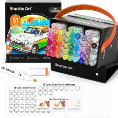 Art 51 Colors Dual Tip Alcohol Based Art Markers, 50 Colors plus 1 Blender Permanent Marker Pens Highlighters with Case Perfect for Illustration Adult Coloring Sketching and Card Making