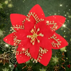 12PCS Christmas Poinsettia Flowers Decorations Artificial Red Glitter Poinsettia Ornaments with Clips & Stems for Xmas Tree, Wreaths, Garland, Holiday Decor