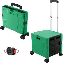 Folding Utility Cart Rolling Crate Handcart with Durable Heavy Duty Plastic Telescoping Handle Collapsible Hidden Lid 4 Rotate Wheels for Travel Shop Move Office Teacher Use(Dark Green&Black)