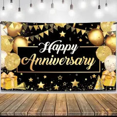 Extra Large Black & Gold Happy Anniversary Banner - 72x44 Inch Backdrop