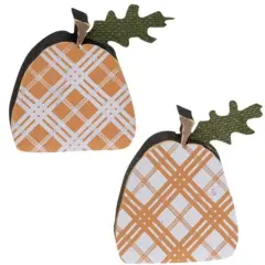 Set of 2 Wooden Plaid Pumpkins for Tabletop Fall Display Orange