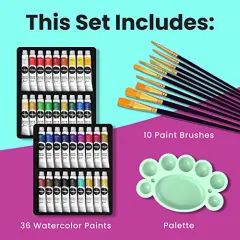 36 PCS Watercolor Paint Set for Adults, Kids, Beginner & Professional Artists - 36 Watercolor Tubes Set (12ml, 0.4oz), 10 Painting Brushes & 1 Palette | Vibrant Water Color Art Painting Supplies