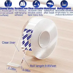 Strong Nano Double Sided Tape Heavy Duty Mounting,Clear Removable Sticky Adhesive Strips No Damage Wall, Waterproof Reusable Thick Gel Grip Washable for Hanging Picture,Poster,Carpet,Photo
