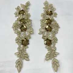 1 Pair 11" x 3" Each Side Beaded & Corded Floral 3D Lace Applique 100% Polyester Net Mesh Gold