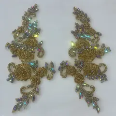 1 Pair Crystal Rhinestone Beaded & Corded Lace 100% Polyester, 12" x 5" Each Side Gold AB