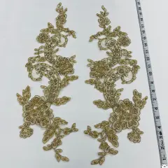 1 Pair Beaded & Corded Floral Lace Applique for Bridal & Quinceanera Dresses 100% Polyester Mesh 20" x 5.5" Each Side Gold Metallic