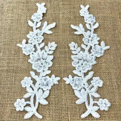 1 Pair Beaded & Corded Floral Lace Applique 10" x 2" Each Side white