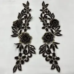 1 Pair 3D Floral Lace Applique Embroidered on 100% Polyester Net Mesh 14" x 5" Each Side Brown/Gold