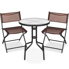 Best Choice Products 3-Piece Patio Bistro Dining Furniture Set w/ Round Textured Glass Tabletop, Folding Chairs Brown