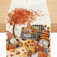 Fall Table Runner, Watercolour Gnome Harvest Truck Pumpkins Runner,13x72 Inch