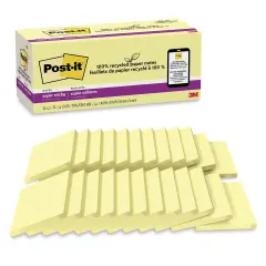 Post-it Recycled Super Sticky Notes - Canary Yellow, 3" x 3", Pkg of 24