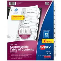 Avery Dividers for 3 Ring Binders, 12 Tabs per Set, Customizable Table of Contents, Classic White Tabs (6 Sets of 11824)