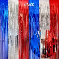 4th of July Decorations- 4 Pack of 3.2x8.2ft Red Silver Blue Tinsel Foil Fringe Curtains for Patriotic Party Memorial Day Independence Day Party Backdrop