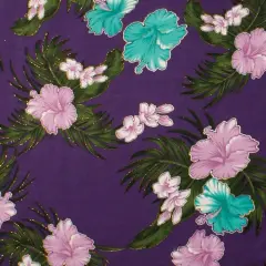 1 Yard Hibiscus Plumeria Banana Leaves Palm Leaves Glitter Polyester Fabric, 36in L x 60in W Purple