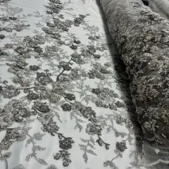 1 Yard Beaded 3D Floral Multitone Lace Fabric on 100% Polyester Net Mesh, Premium Embroidered Lace Fabric, 54" Width Taupe