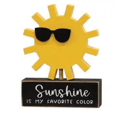 Sunshine Is My Favorite Color Wooden Sitter Bright Yellow Sunshine Figurine with Sunglasses on Black Base